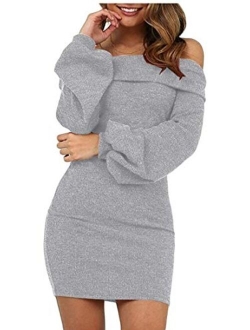 Hadudu Women Solid Dress Balloon Sleeve Off Shoulder Bodycon Mini Dress