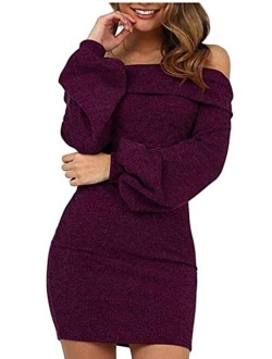 Hadudu Women Solid Dress Balloon Sleeve Off Shoulder Bodycon Mini Dress