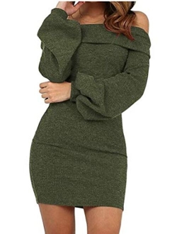 Hadudu Women Solid Dress Balloon Sleeve Off Shoulder Bodycon Mini Dress