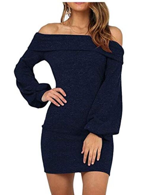 Hadudu Women Solid Dress Balloon Sleeve Off Shoulder Bodycon Mini Dress