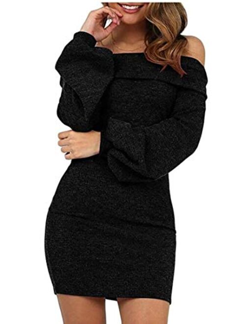 Hadudu Women's Solid Dress Balloon Sleeve Off Shoulder Bodycon Mini Dress