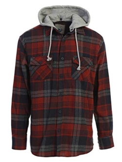 Men's Removable Hoodie Plaid Checkered Flannel Button Down Shirt