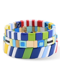 Tile Bracelets Stackable Enamel Stretchy Tile Bracelet Rainbow Colorblock Beads Bracelets Bohemian Strand Bracelets for Lady Women & Men Girls