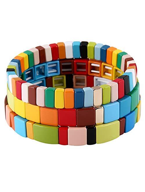 Coolcos Tile Bracelets Stackable Enamel Stretchy Tile Bracelet Rainbow Colorblock Beads Bracelets Bohemian Strand Bracelets for Lady Women & Men Girls