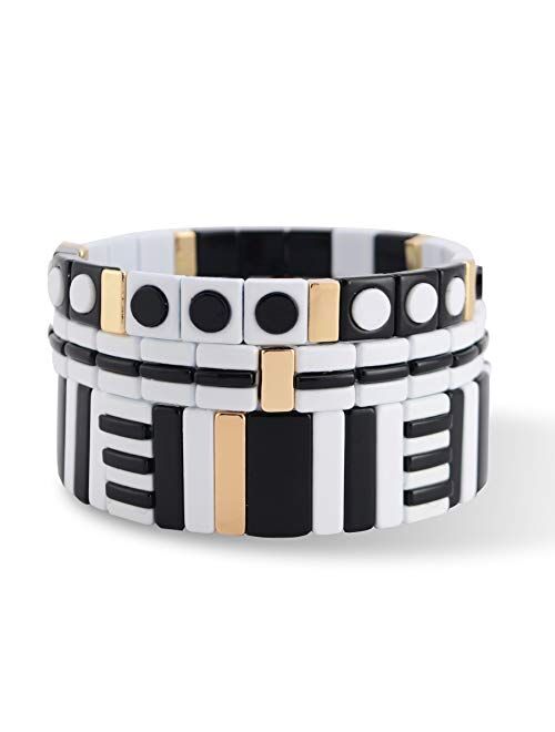 Coolcos Tile Bracelets Stackable Enamel Stretchy Tile Bracelet Rainbow Colorblock Beads Bracelets Bohemian Strand Bracelets for Lady Women & Men Girls