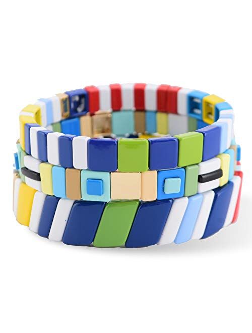 Coolcos Tile Bracelets Stackable Enamel Stretchy Tile Bracelet Rainbow Colorblock Beads Bracelets Bohemian Strand Bracelets for Lady Women & Men Girls