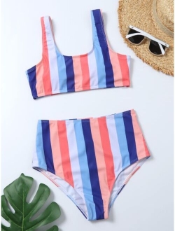 Colourful Striped High Waisted Bikini Swimsuit