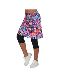 Skirted Leggings for Women, Athletic Tennis Skirt Knee Length with Leggings Active Yoga Skirt Pockets