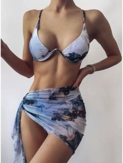 3pack Water Colour Underwire Bikini Swimsuit & Beach Skirt