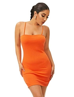 Women's Basic Solid Cami Dress Sleeveless Strap Bodycon Split Mini Party Club Dress