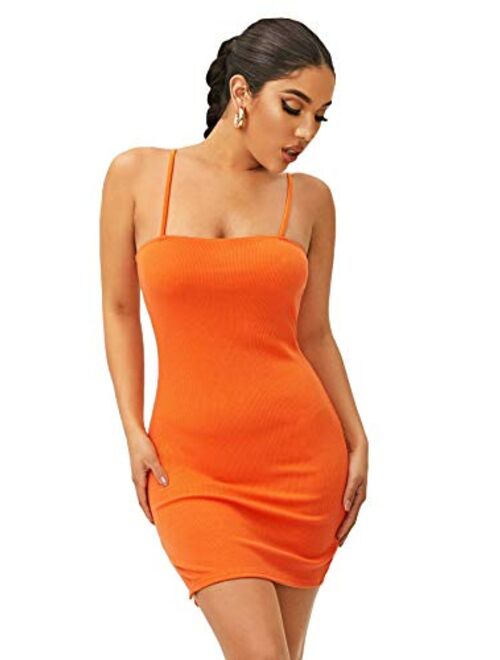 SheIn Women's Basic Solid Cami Dress Sleeveless Strap Bodycon Split Mini Party Club Dress