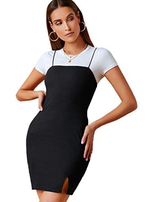 SheIn Women's Basic Solid Cami Dress Sleeveless Strap Bodycon Split Mini Party Club Dress