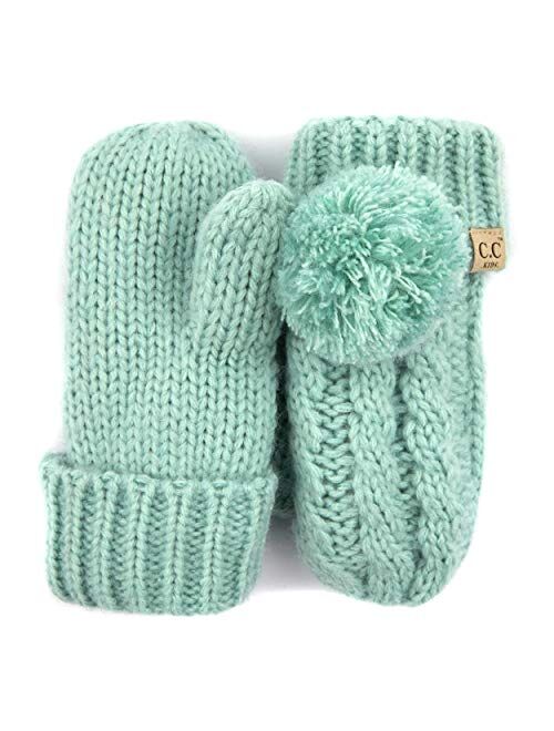 C.C Kids Pompom Ribbed Knit Children Fleece Lining Children Mittens Gloves (MT-23 KIDS) (MT-24 KIDS) (MT-25 KIDS)