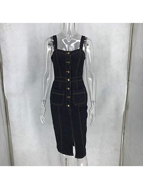 liangzai098 Women's Denim Sleeveless Slim Fit Button Down Midi Dress Sexy Casual Split Bodycon Dress