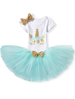 Baby Girls 1st Birthday Unicorn Outfits Set Rainbow Tutu Skirt  Unicorn T-Shirt  Flower Headband