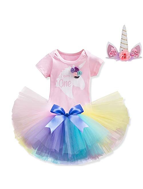 NNJXD Baby Girls 1st Birthday Unicorn Outfits Set Rainbow Tutu Skirt+ Unicorn T-Shirt+ Flower Headband