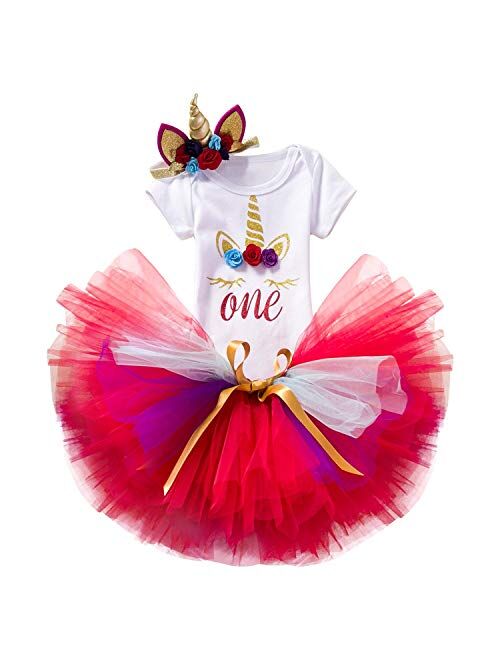 NNJXD Baby Girls 1st Birthday Unicorn Outfits Set Rainbow Tutu Skirt+ Unicorn T-Shirt+ Flower Headband