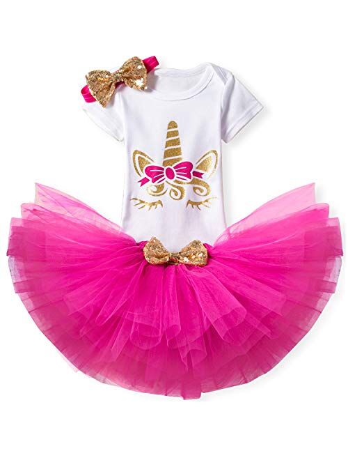 NNJXD Baby Girls 1st Birthday Unicorn Outfits Set Rainbow Tutu Skirt+ Unicorn T-Shirt+ Flower Headband