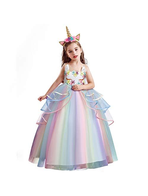 NNJXD Girls Unicorn Dress Rainbow Fancy Princess Costume Tulle Party Dresses