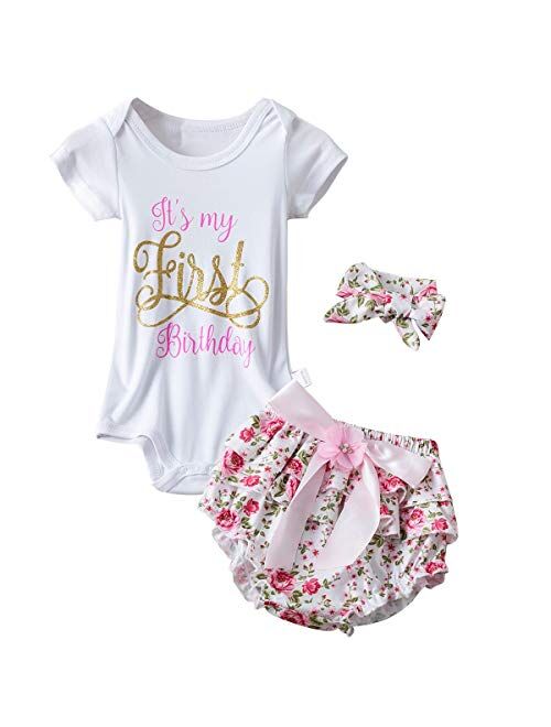 NNJXD Baby Girl 1st Birthday Party Outfits Romper Shorts Headband 3pcs Skirt Sets