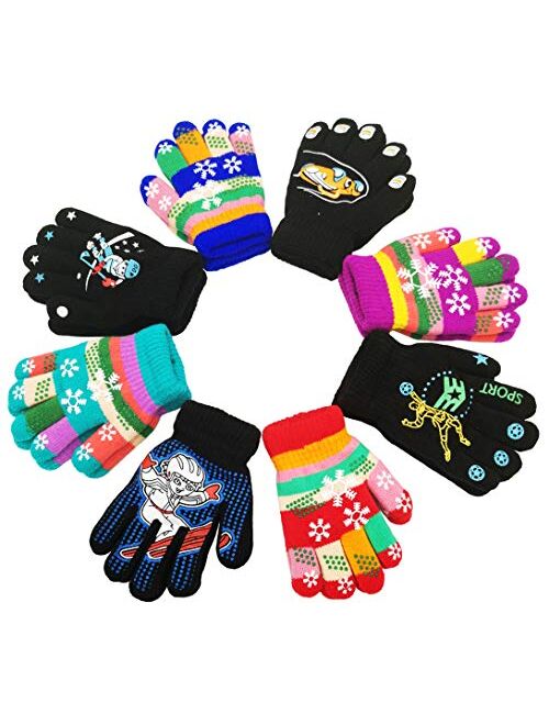 Kids Gloves, Magic Stretch Gloves 8 Pairs, Children Anti-Slip Full Fingers Knitted Winter Glove for Boys and Girls