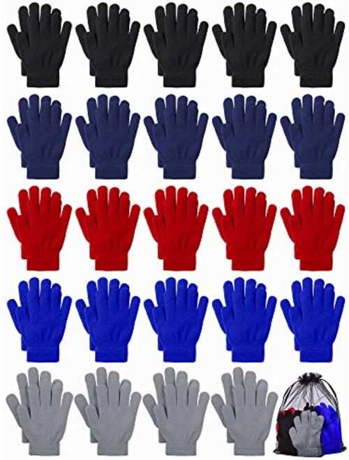 URATOT 15 Pairs Kid's Gloves Warm Knitted Magic Full Fingers Gloves with Mesh Storage Bag for Boys or Girls