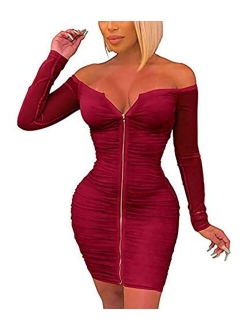 ThusFar Club Dresses for Women Bodycon - Sexy Off Shoulder Ruched Mesh Sleeve Mini Dress