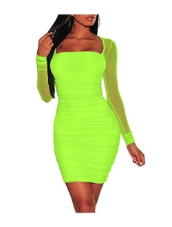 ThusFar Club Dresses for Women Bodycon - Sexy Off Shoulder Ruched Mesh Sleeve Mini Dress