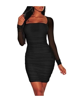 ThusFar Club Dresses for Women Bodycon - Sexy Off Shoulder Ruched Mesh Sleeve Mini Dress