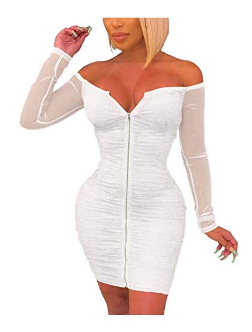 ThusFar Club Dresses for Women Bodycon - Sexy Off Shoulder Ruched Mesh Sleeve Mini Dress