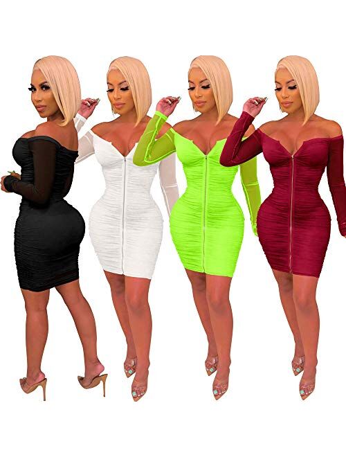 ThusFar Club Dresses for Women Bodycon - Sexy Off Shoulder Ruched Mesh Sleeve Mini Dress