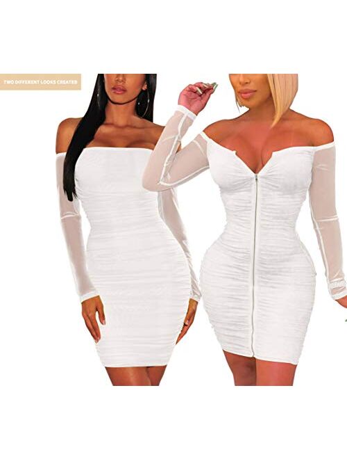 ThusFar Club Dresses for Women Bodycon - Sexy Off Shoulder Ruched Mesh Sleeve Mini Dress