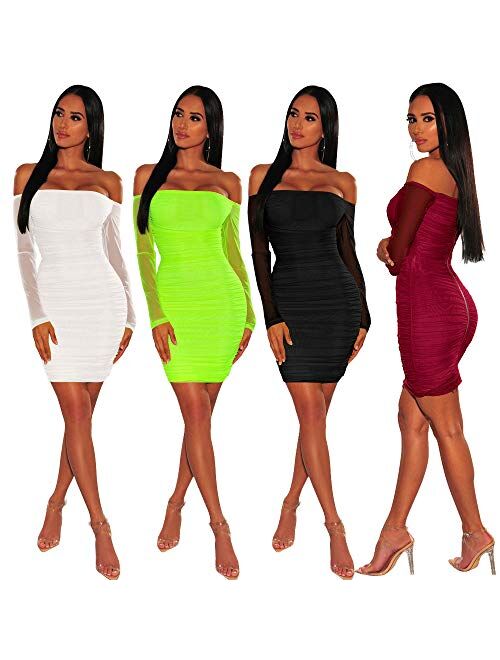 ThusFar Club Dresses for Women Bodycon - Sexy Off Shoulder Ruched Mesh Sleeve Mini Dress