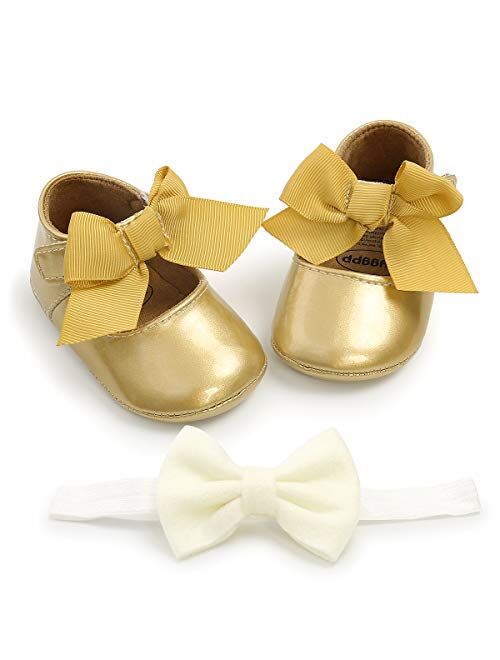 BENHERO Baby Girls Mary Jane Flats with Bowknot Non-Slip Toddler First Walkers Princess Dress Shoes