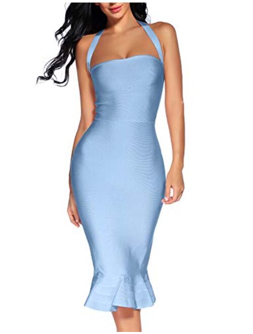 houstil Women's V Neck Halter Fishtail Bandage Bodycon Dress Party