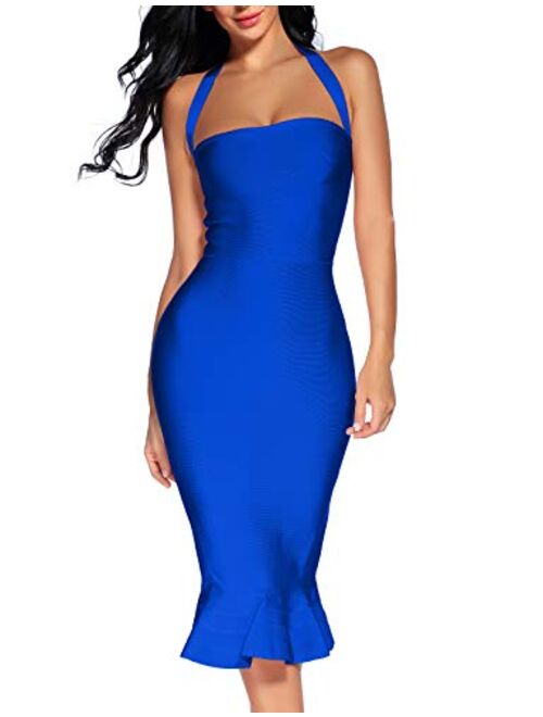 houstil Women's V Neck Halter Fishtail Bandage Bodycon Dress Party