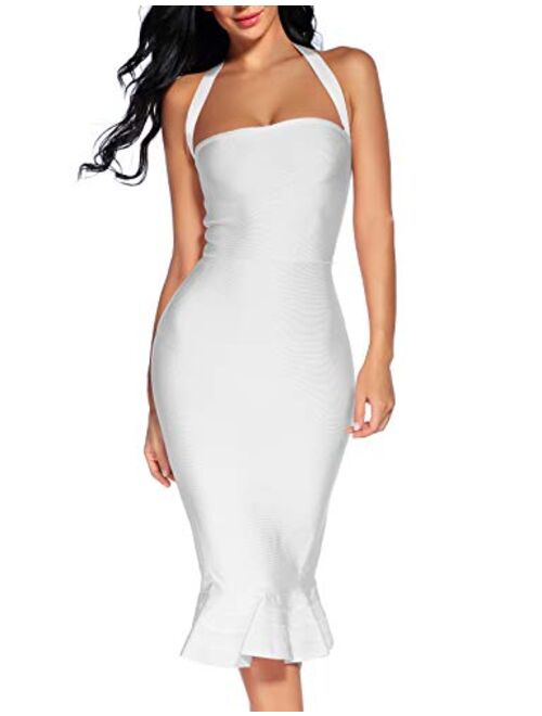 houstil Women's V Neck Halter Fishtail Bandage Bodycon Dress Party