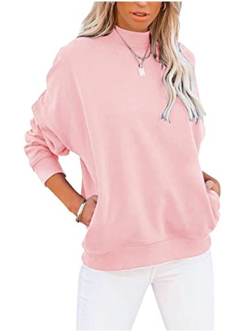 Minclouse Women's Casual Long sleeves Sweatshirt Tops Basic Loose Fit Mock Turtleneck Lightweight Tunic Pullover With Pocket