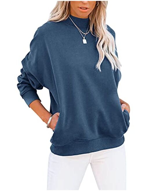 Minclouse Women's Casual Long sleeves Sweatshirt Tops Basic Loose Fit Mock Turtleneck Lightweight Tunic Pullover With Pocket