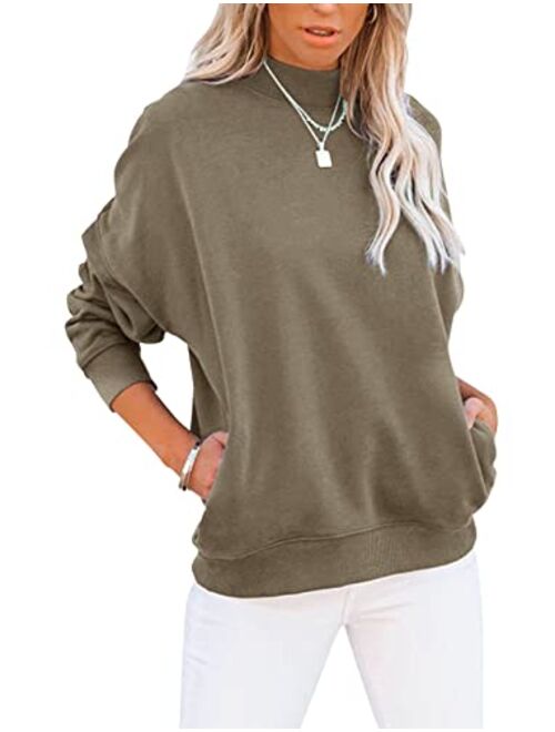 Minclouse Women's Casual Long sleeves Sweatshirt Tops Basic Loose Fit Mock Turtleneck Lightweight Tunic Pullover With Pocket