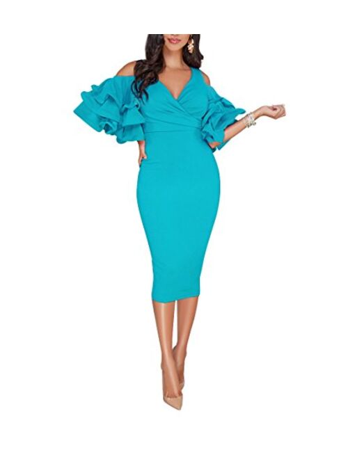 VERWIN Solid Flounced Sleeves Cold Shoulder V Neck Elegant Sexy Party Evening Midi Dress Bodycon Dress