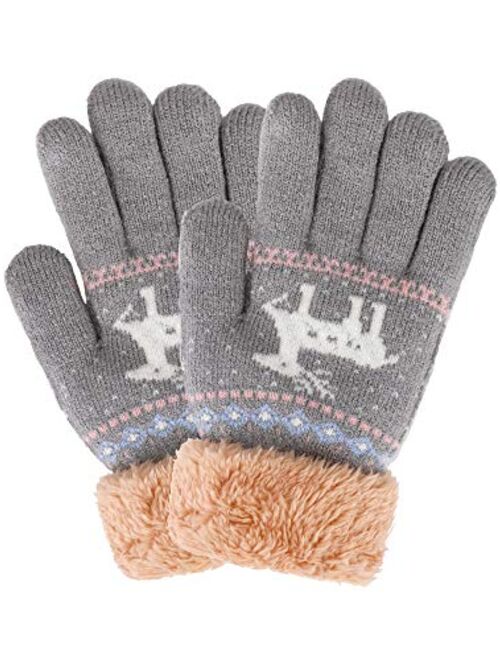 Boao Kids Winter Knit Gloves Warm Plush Lined Knitting Gloves Thickened Full Finger Mittens for Kids Boys Girls