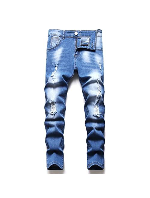 Boy's Slim Skinny Ripped Jeans Distressed Stretch Moto Biker Fashion Fit Denim Jeans