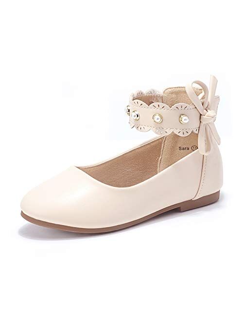 PANDANINJIA Girls Toddler/Little Kid Sara Bow Ballerina Flats Pearl Scallop Ankle Strap Dress Ballet Flat Shoes