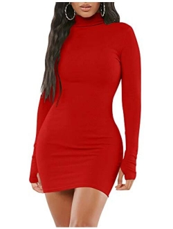 Mizoci Women's Sexy Bodycon Mini Club Dresses Basic Long Sleeve Turtleneck Dress