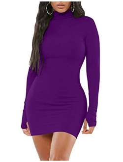 Mizoci Women's Sexy Bodycon Mini Club Dresses Basic Long Sleeve Turtleneck Dress