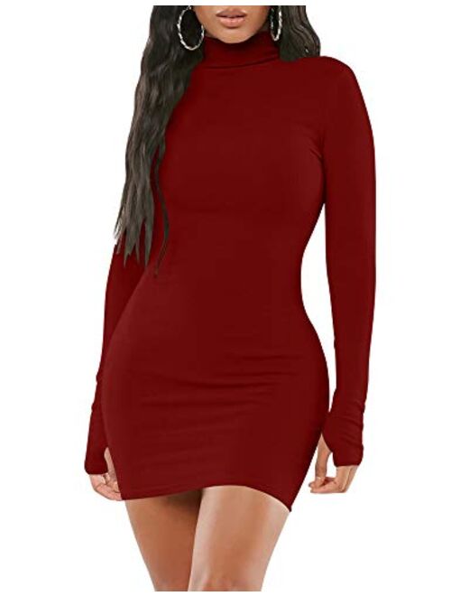 Mizoci Women's Sexy Bodycon Mini Club Dresses Basic Long Sleeve Turtleneck Dress