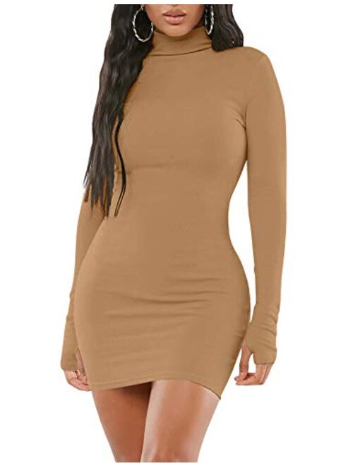 Mizoci Women's Sexy Bodycon Mini Club Dresses Basic Long Sleeve Turtleneck Dress