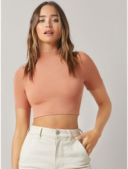 Mock-neck Crop Solid Tee