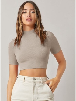 Mock-neck Crop Solid Tee